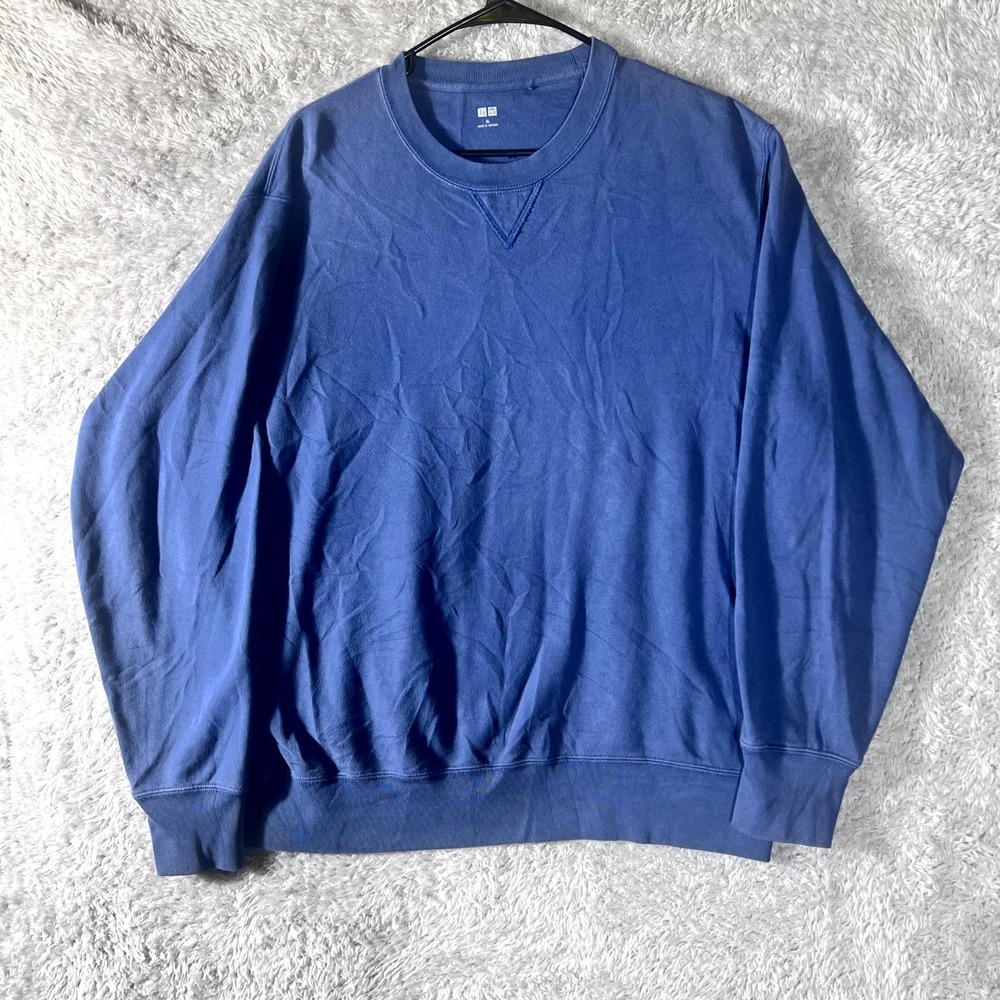 Uniqlo Sweatshirt Mens XL Blue Cotton Long Sleeve V Stitch Crew Neck Outdoor